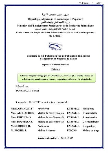 Etude échophysiologique de Posidonia oceanica (L.) Delile Etude échophysiologique de Posidonia oceanica (L.) Delile