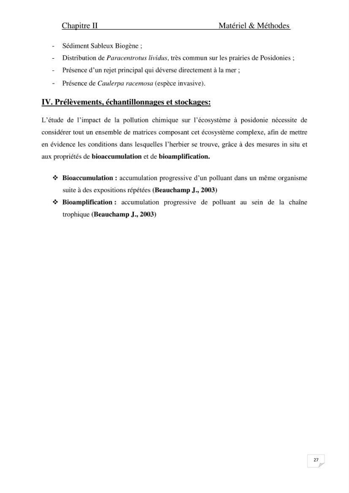 Contribution à l\'étude de l\'impact de la pollution chimique sur l\'herbier à Posidonia oceanica dans la baie d\'El Djamila