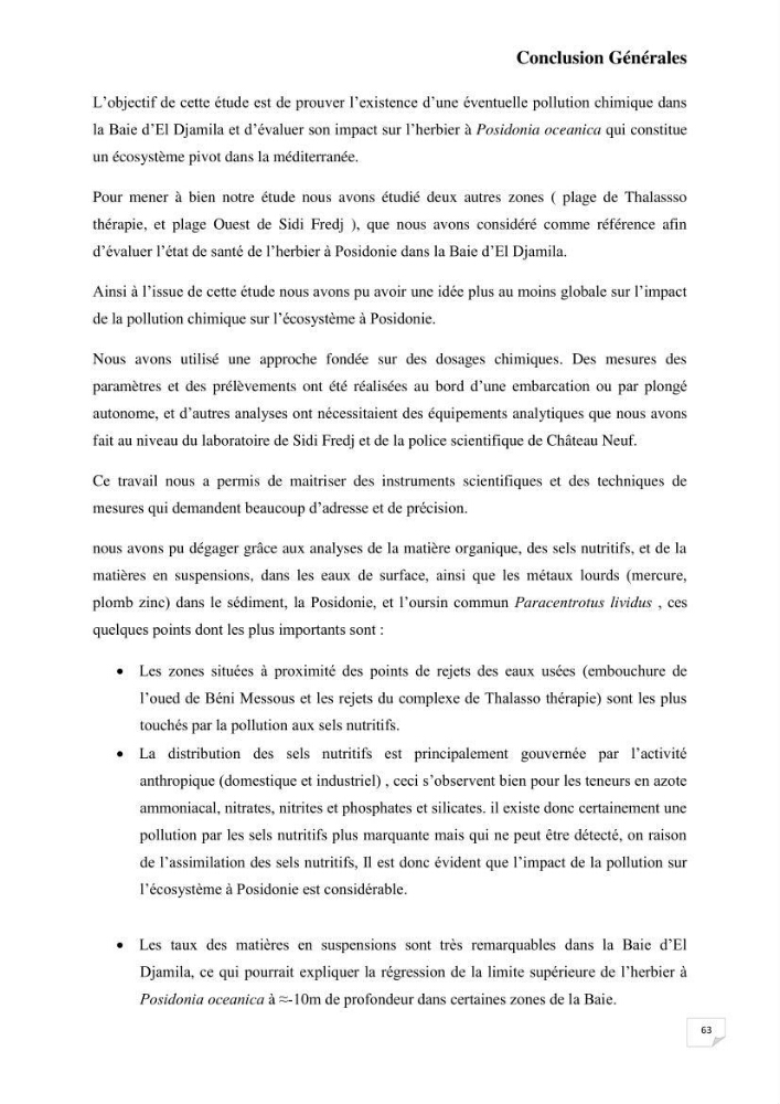 Contribution à l\'étude de l\'impact de la pollution chimique sur l\'herbier à Posidonia oceanica dans la baie d\'El Djamila