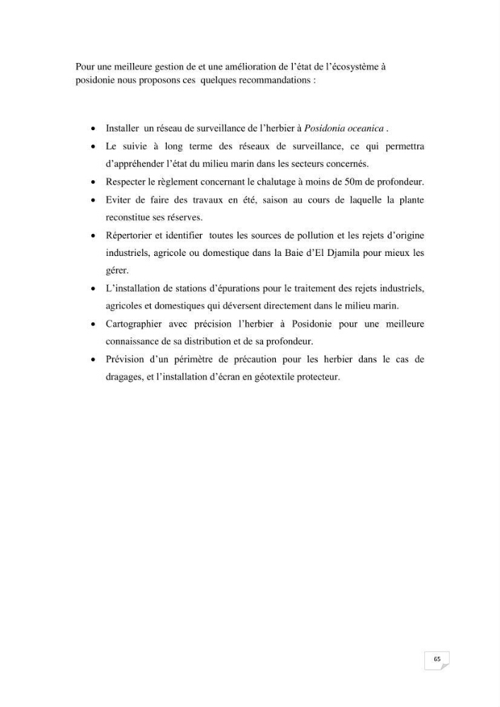 Contribution à l\'étude de l\'impact de la pollution chimique sur l\'herbier à Posidonia oceanica dans la baie d\'El Djamila