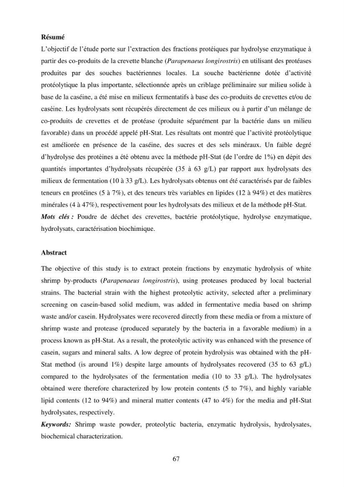 Valorisation des coproduits de la crevette blanche (Parapenaeus longirostris) par des procédés enzymatiques en utilisants des protéases bactériennes.