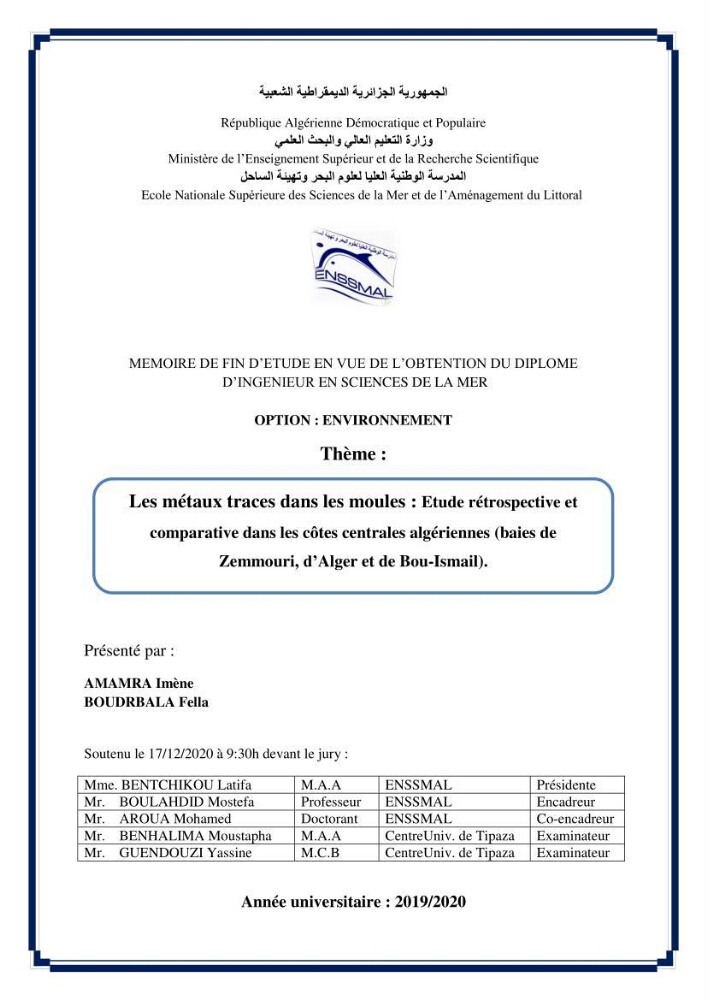 Les métaux traces dans les moules: Etude rétrospective et comparative dans les côtes centrales algériennes (baies de Zemmouri, d’Alger et de Bou-Ismail).