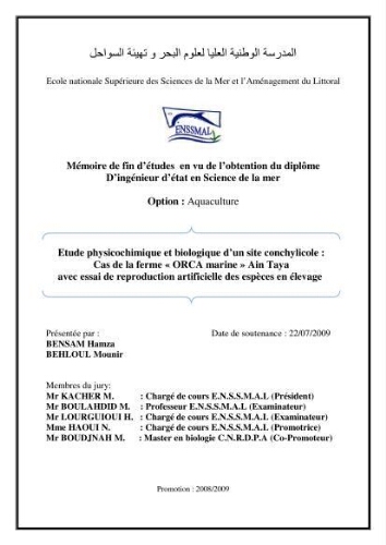 Etude physicochimique et biologique d'un site conchylicole Etude physicochimique et biologique d'un site conchylicole