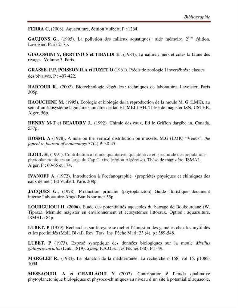Etude physicochimique et biologique d\'un site conchylicole