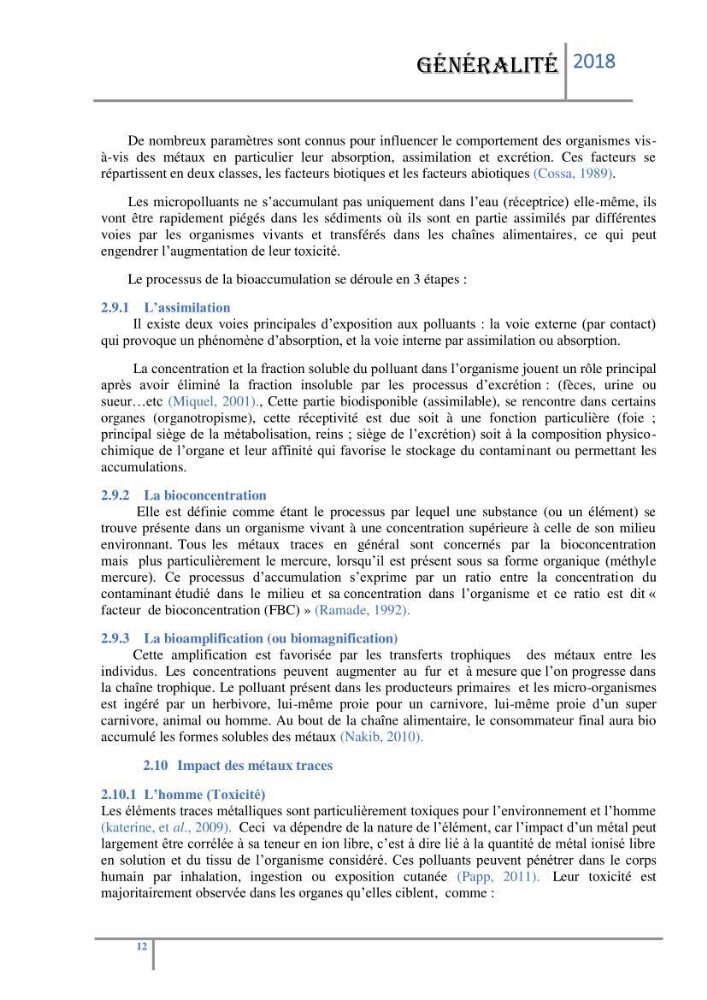 Biosurveillance des métaux traces chez deux espèces de moules (Mytilus galloprovincialis (Lamarck 1819) et Perna perna (Linnaeus 1758)) dans le littoral algérois: