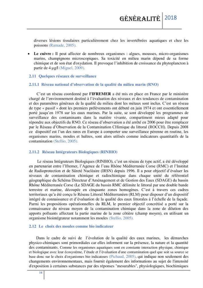 Biosurveillance des métaux traces chez deux espèces de moules (Mytilus galloprovincialis (Lamarck 1819) et Perna perna (Linnaeus 1758)) dans le littoral algérois: