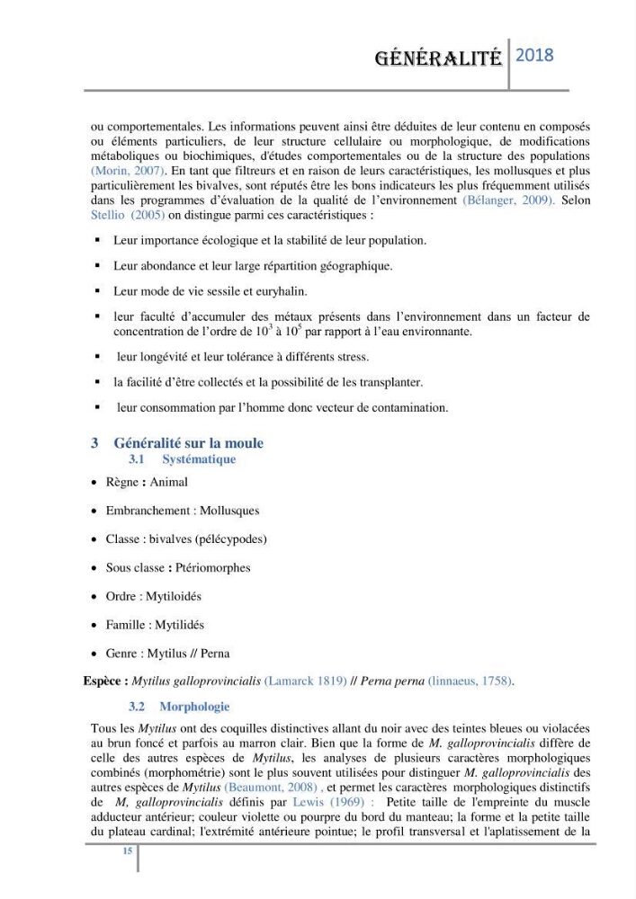 Biosurveillance des métaux traces chez deux espèces de moules (Mytilus galloprovincialis (Lamarck 1819) et Perna perna (Linnaeus 1758)) dans le littoral algérois: