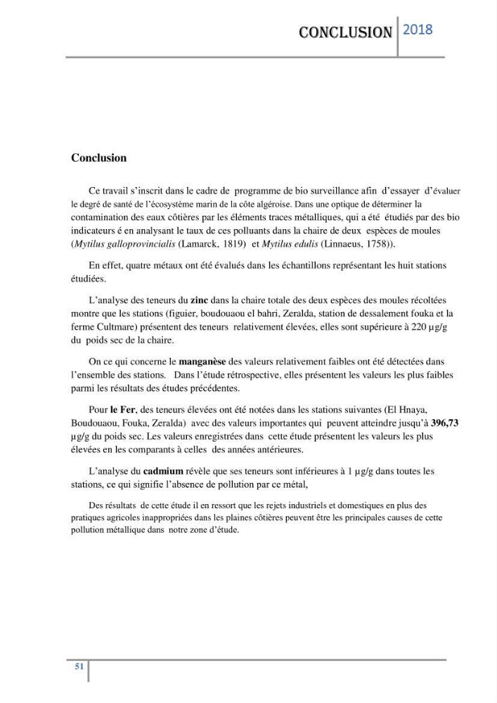Biosurveillance des métaux traces chez deux espèces de moules (Mytilus galloprovincialis (Lamarck 1819) et Perna perna (Linnaeus 1758)) dans le littoral algérois: