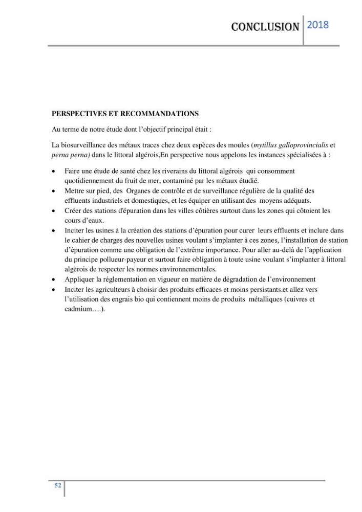 Biosurveillance des métaux traces chez deux espèces de moules (Mytilus galloprovincialis (Lamarck 1819) et Perna perna (Linnaeus 1758)) dans le littoral algérois: