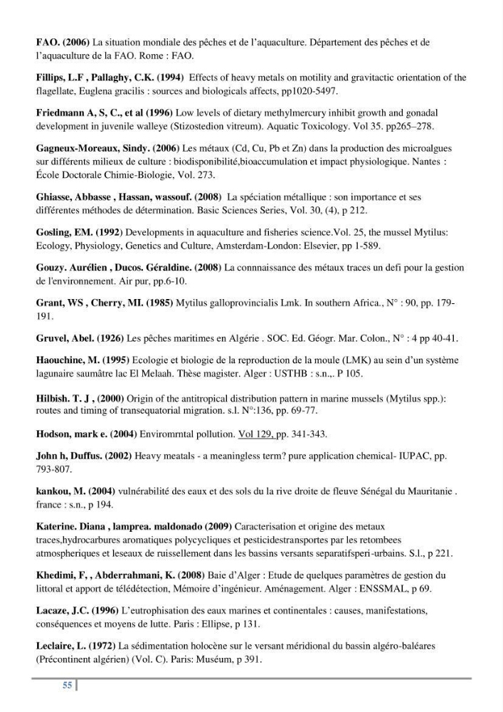 Biosurveillance des métaux traces chez deux espèces de moules (Mytilus galloprovincialis (Lamarck 1819) et Perna perna (Linnaeus 1758)) dans le littoral algérois: