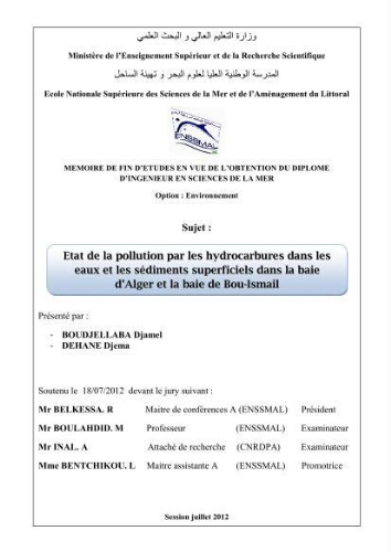 Etat de la pollution par les hydocarbures dans les eaux et les sédiments superficiels dans la baie d'Alger et la baie de Bou-Ismail: Etat de la pollution par les hydocarbures dans les eaux et les sédiments superficiels dans la baie d'Alger et la baie de Bou-Ismail: