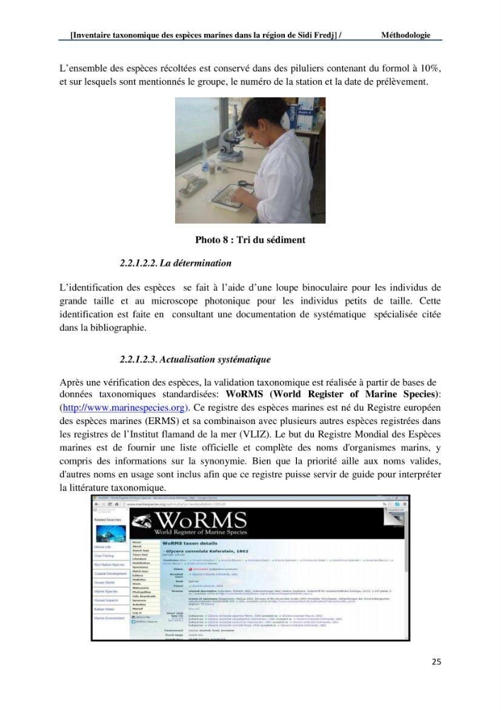 Inventaire taxonomique des espèces marines de la région du Sidi Fredj