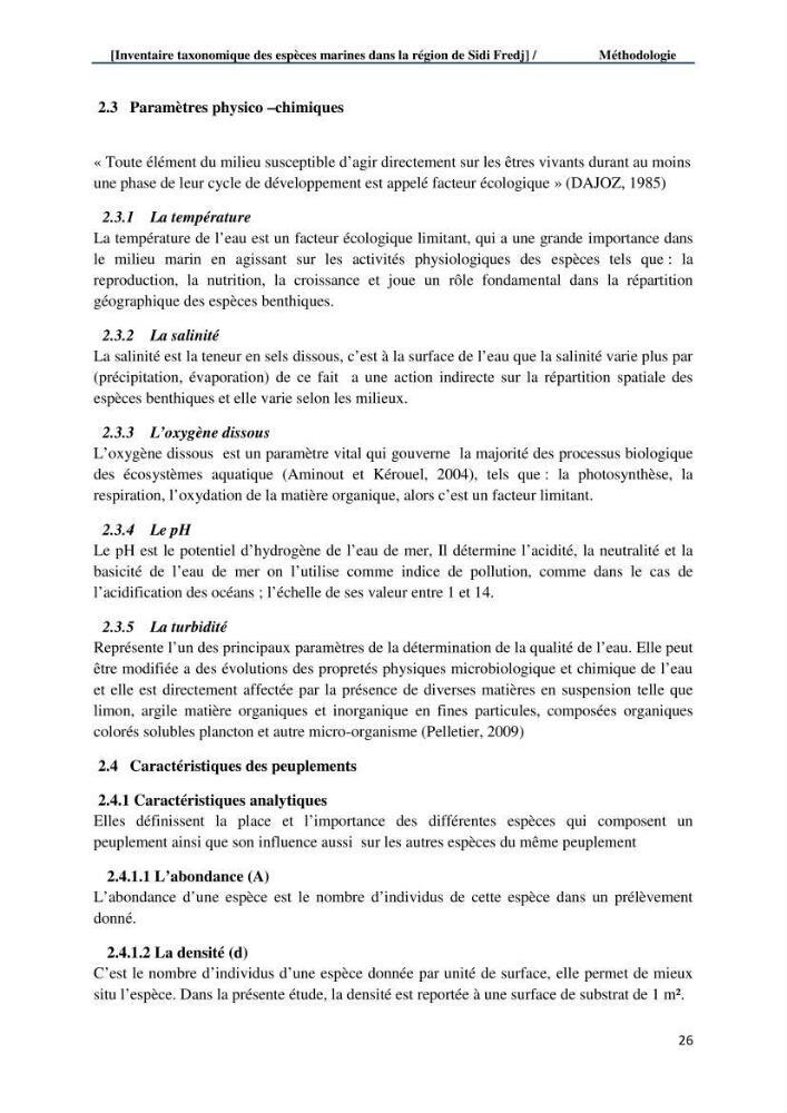 Inventaire taxonomique des espèces marines de la région du Sidi Fredj