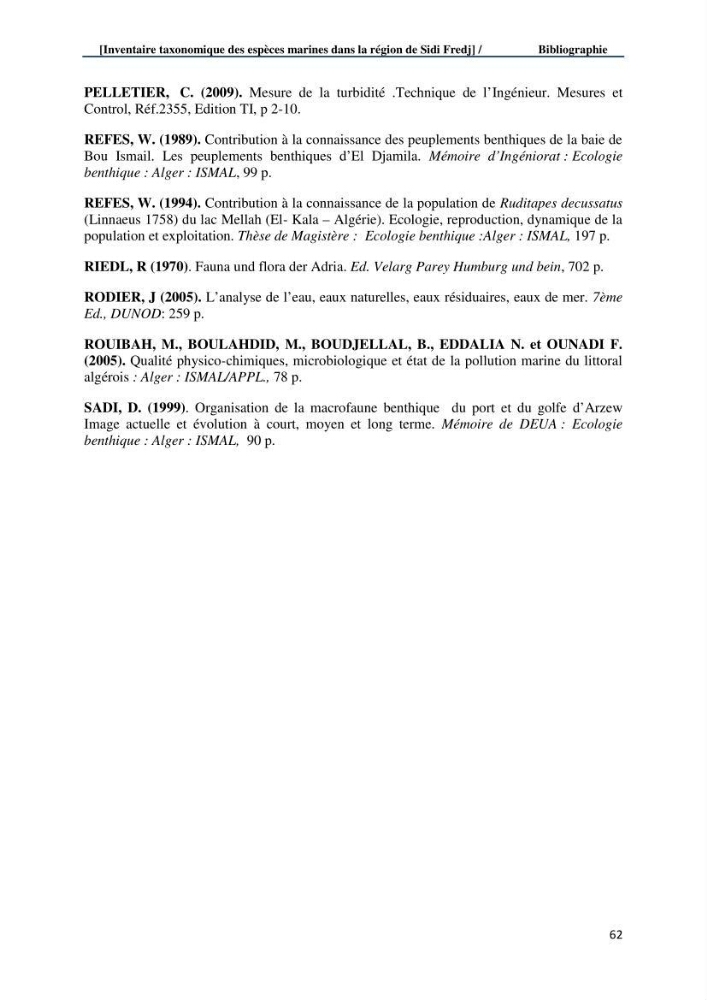 Inventaire taxonomique des espèces marines de la région du Sidi Fredj