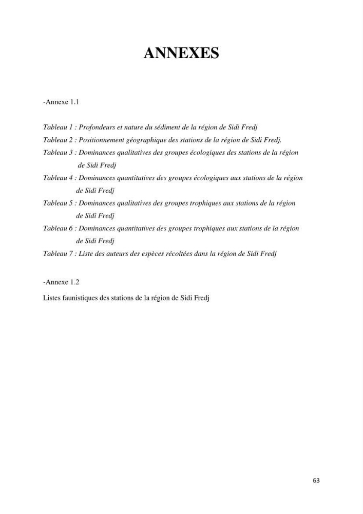 Inventaire taxonomique des espèces marines de la région du Sidi Fredj