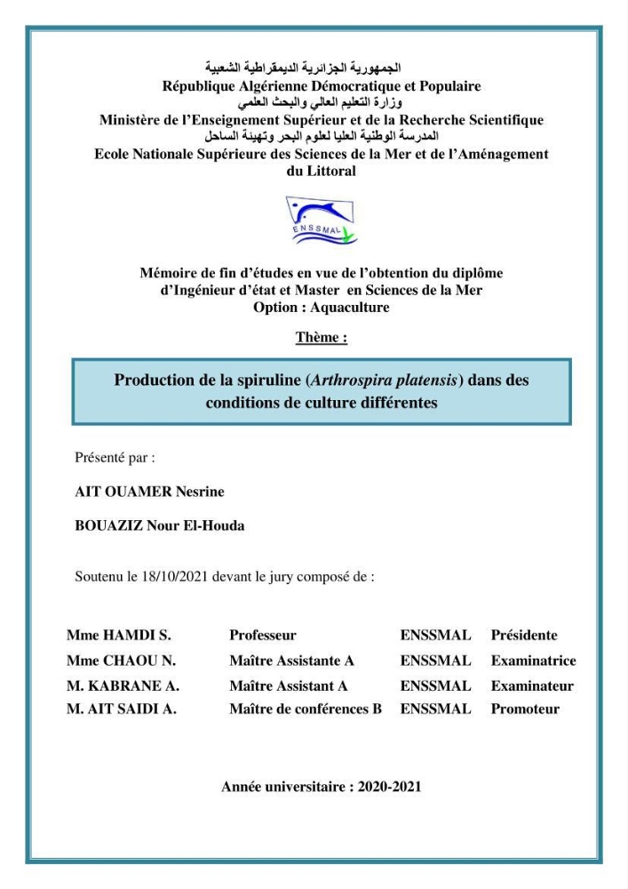 Production de la spiruline (Arthrospira platensis) dans des conditions de culture différentes