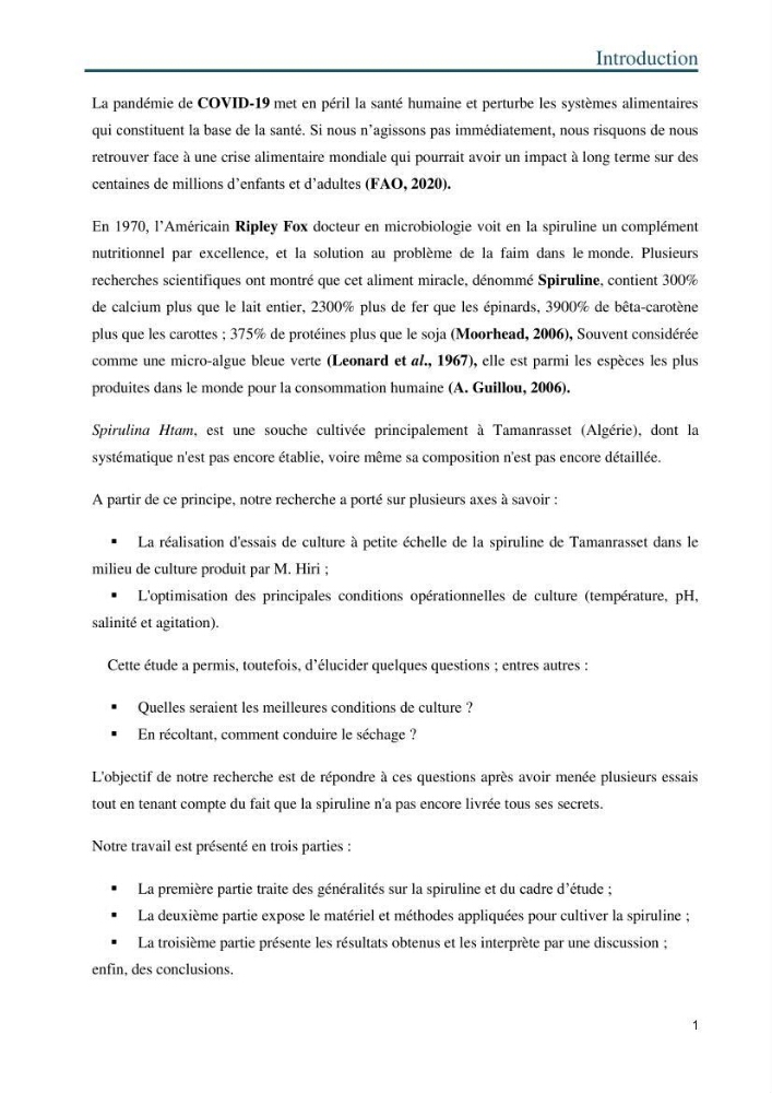 Production de la spiruline (Arthrospira platensis) dans des conditions de culture différentes
