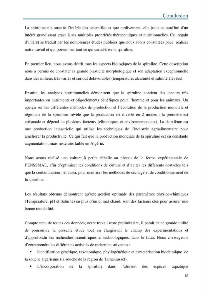 Production de la spiruline (Arthrospira platensis) dans des conditions de culture différentes