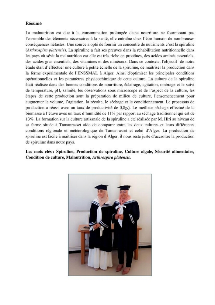 Production de la spiruline (Arthrospira platensis) dans des conditions de culture différentes