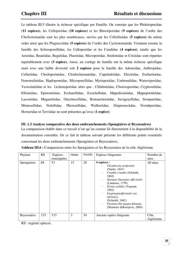 Inventaire des Spongiaires et des Bryozoaires de la côte Algérienne: