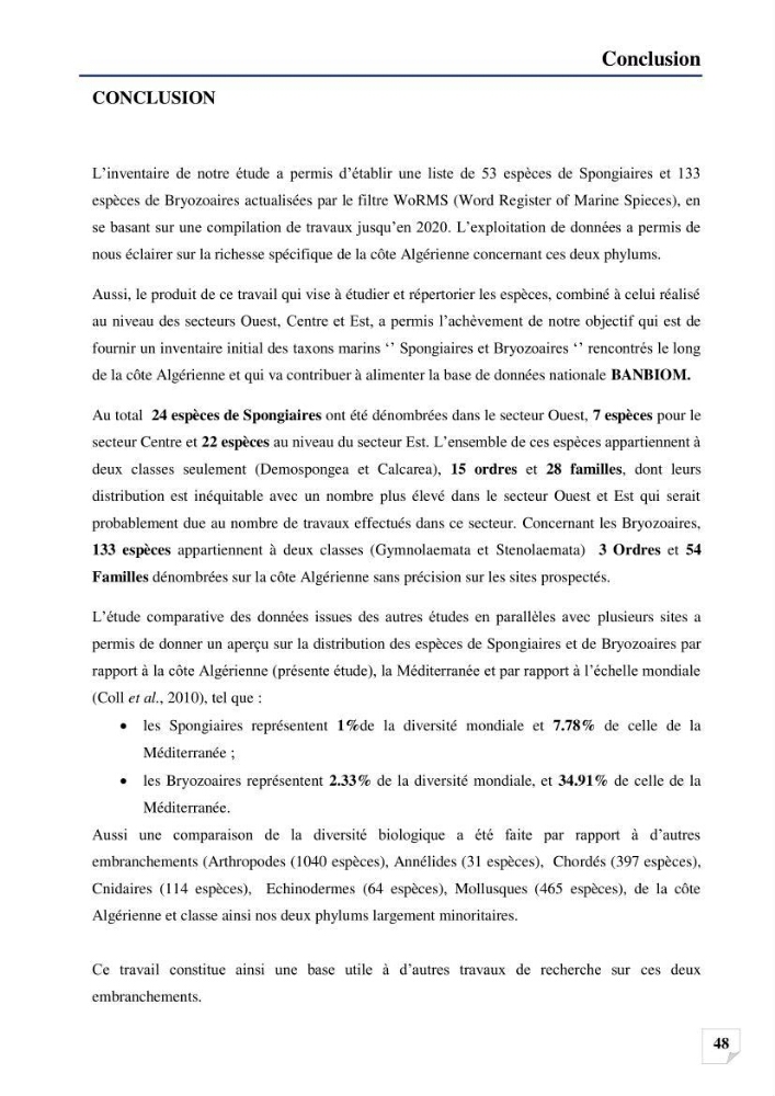 Inventaire des Spongiaires et des Bryozoaires de la côte Algérienne: