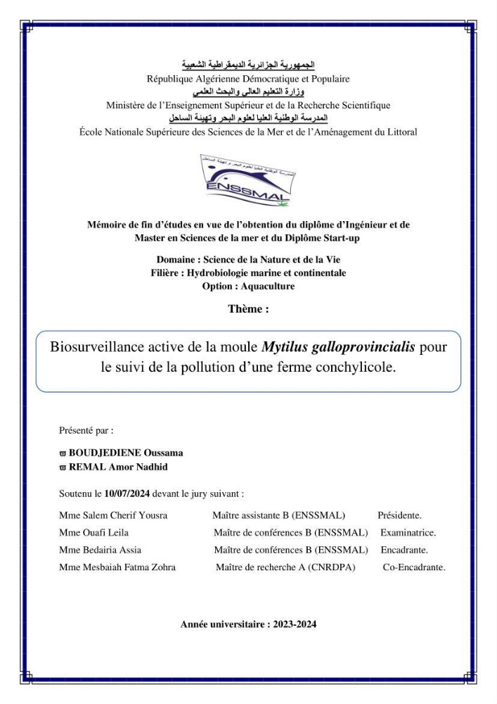 Biosurveillance active de la moule Mytilus galloprovincialis pour le suivi de la pollution d’une ferme conchylicole