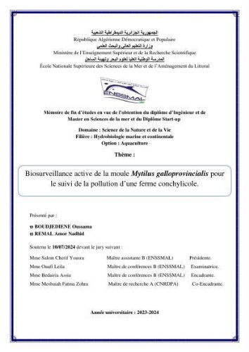 Biosurveillance active de la moule Mytilus galloprovincialis pour le suivi de la pollution d’une ferme conchylicole Biosurveillance active de la moule Mytilus galloprovincialis pour le suivi de la pollution d’une ferme conchylicole