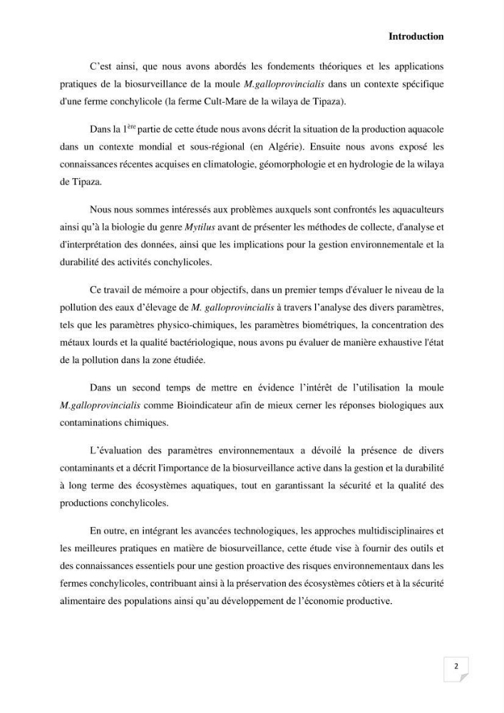 Biosurveillance active de la moule Mytilus galloprovincialis pour le suivi de la pollution d’une ferme conchylicole