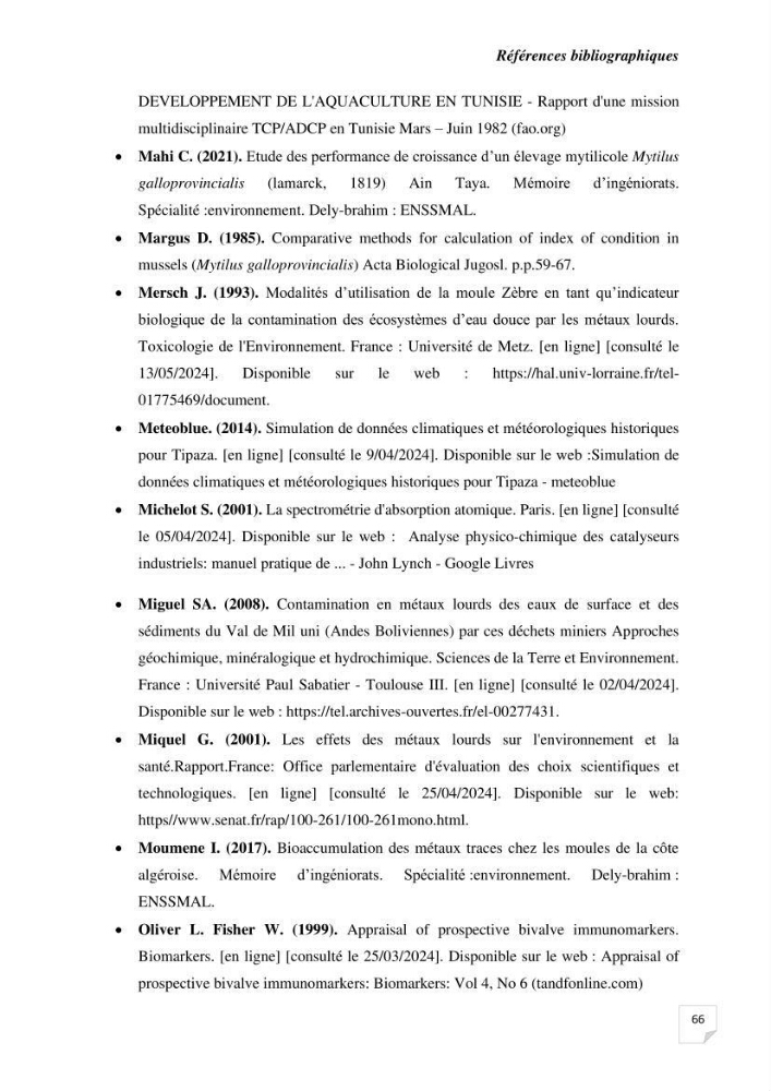 Biosurveillance active de la moule Mytilus galloprovincialis pour le suivi de la pollution d’une ferme conchylicole