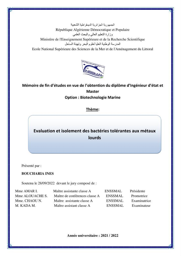 Evaluation et isolement des bactéries tolérantes aux métaux lourds