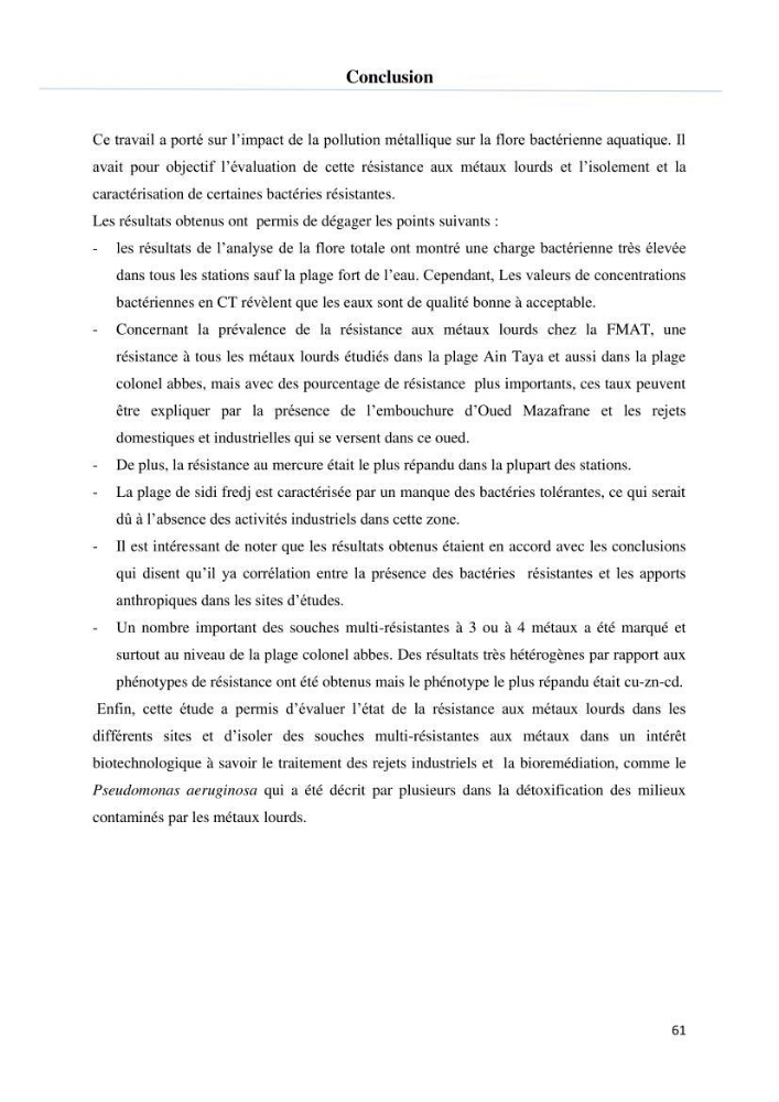 Evaluation et isolement des bactéries tolérantes aux métaux lourds