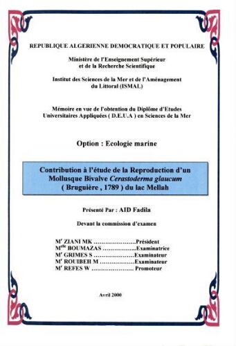 Contribution à l'étude de la reproduction d'un Mollusque Bivalve Ceratoderma glaucum (Bruguière, 1789) du lac Mellah: Contribution à l'étude de la reproduction d'un Mollusque Bivalve Ceratoderma glaucum (Bruguière, 1789) du lac Mellah: