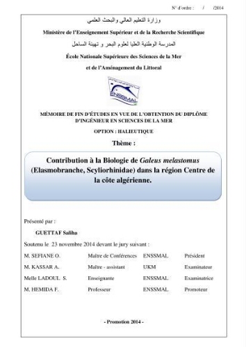 Contribution à la biologie de Galeus melastomus (Elasmobranches, Sscyliorhinidae dans la région centre de la côte algérienne: Contribution à la biologie de Galeus melastomus (Elasmobranches, Sscyliorhinidae dans la région centre de la côte algérienne: