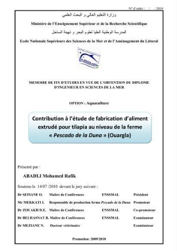 Contribution à l'étude de fabrication d'aliment extrudé pour tilapia au niveau de la ferme "Pescado de la Duna" (Ouargla): Contribution à l'étude de fabrication d'aliment extrudé pour tilapia au niveau de la ferme "Pescado de la Duna" (Ouargla):