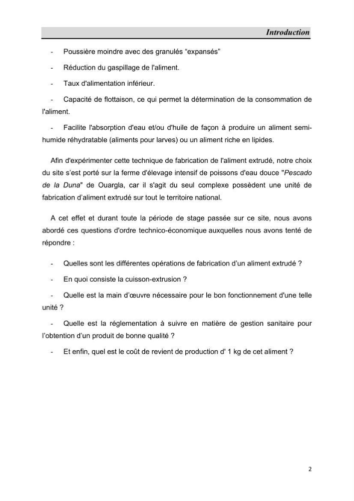Contribution à l\'étude de fabrication d\'aliment extrudé pour tilapia au niveau de la ferme \"Pescado de la Duna\" (Ouargla):