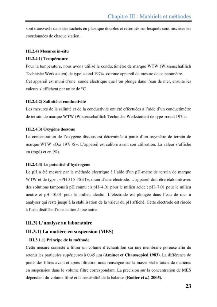 Les paramètres physico-chimiques dans l’eau de mer et les sédiments dans le port de Sidi-Fredj: