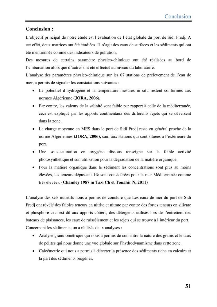 Les paramètres physico-chimiques dans l’eau de mer et les sédiments dans le port de Sidi-Fredj: