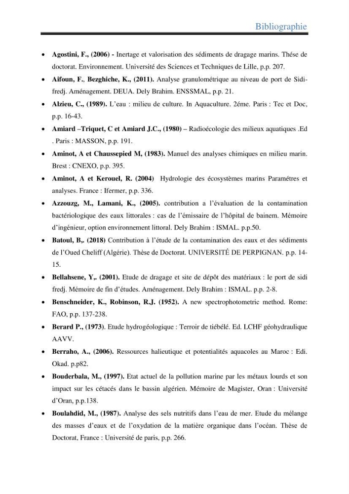 Les paramètres physico-chimiques dans l’eau de mer et les sédiments dans le port de Sidi-Fredj: