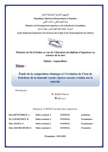 Etude de la composition chimique et l'évolution de l'état de fraîcheur de la daurade royale (Sparus aurata) vendue sur le marché: Etude de la composition chimique et l'évolution de l'état de fraîcheur de la daurade royale (Sparus aurata) vendue sur le marché: