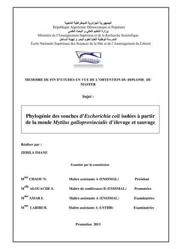 Phylogénie des souches d'Escherichia coli isolées à partir de la moule Mytilus galloprovincialis d'élevage et sauvage: Phylogénie des souches d'Escherichia coli isolées à partir de la moule Mytilus galloprovincialis d'élevage et sauvage: