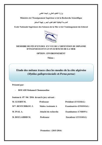 Etude des métaux traces chez les moules de la côte algeroise Etude des métaux traces chez les moules de la côte algeroise