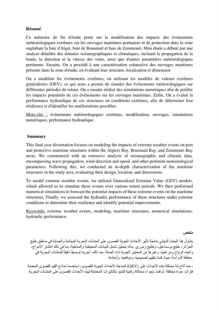 Modelisation de l\'impact des evenements meteorologiques extremes sur le fonctionnement des ouvrages maritimes