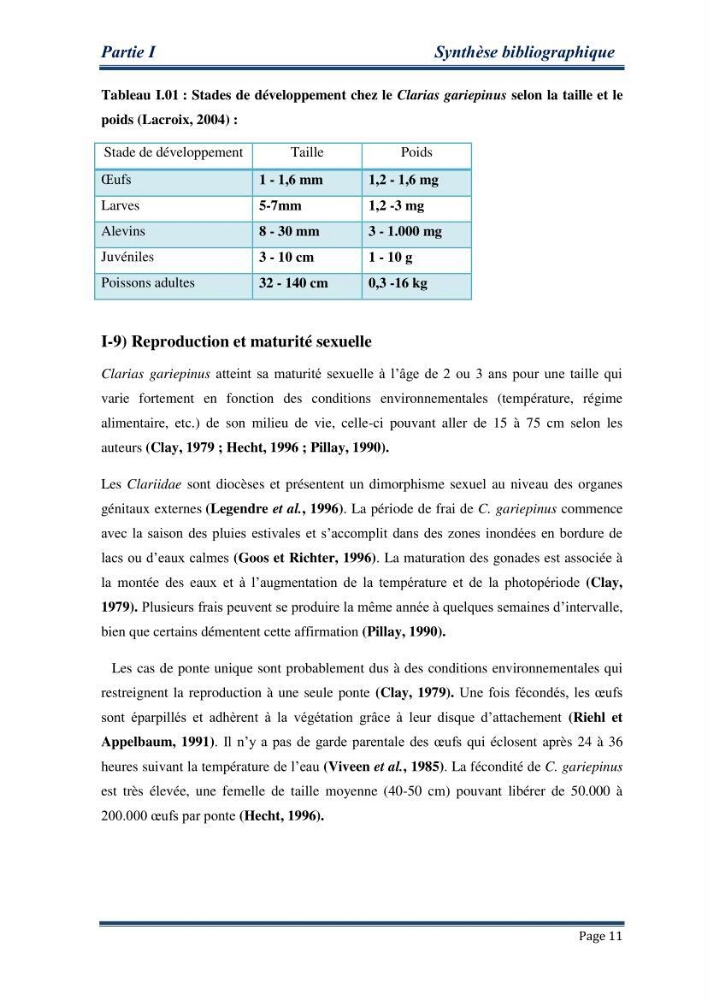 Maitrise de la reproduction artificielle et étude comparative de la croissance du poisson-chat africain Clarias gariepinus (Bruchell,1822 ) selon trois formules d\'aliments