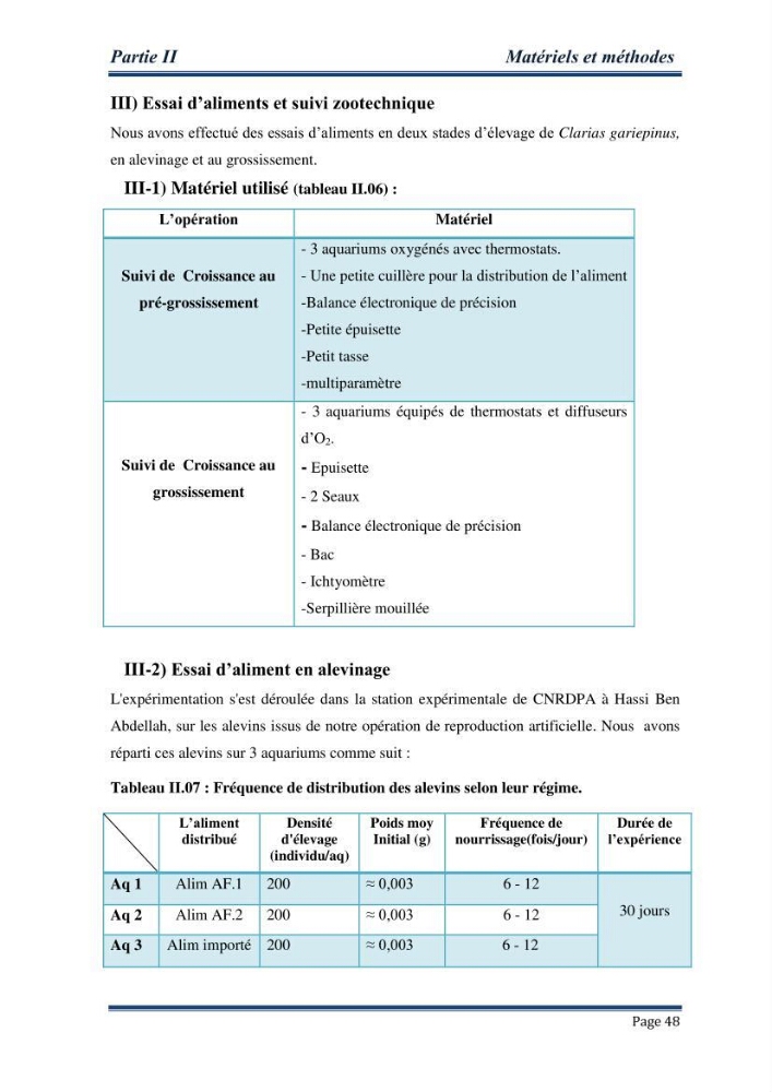 Maitrise de la reproduction artificielle et étude comparative de la croissance du poisson-chat africain Clarias gariepinus (Bruchell,1822 ) selon trois formules d\'aliments