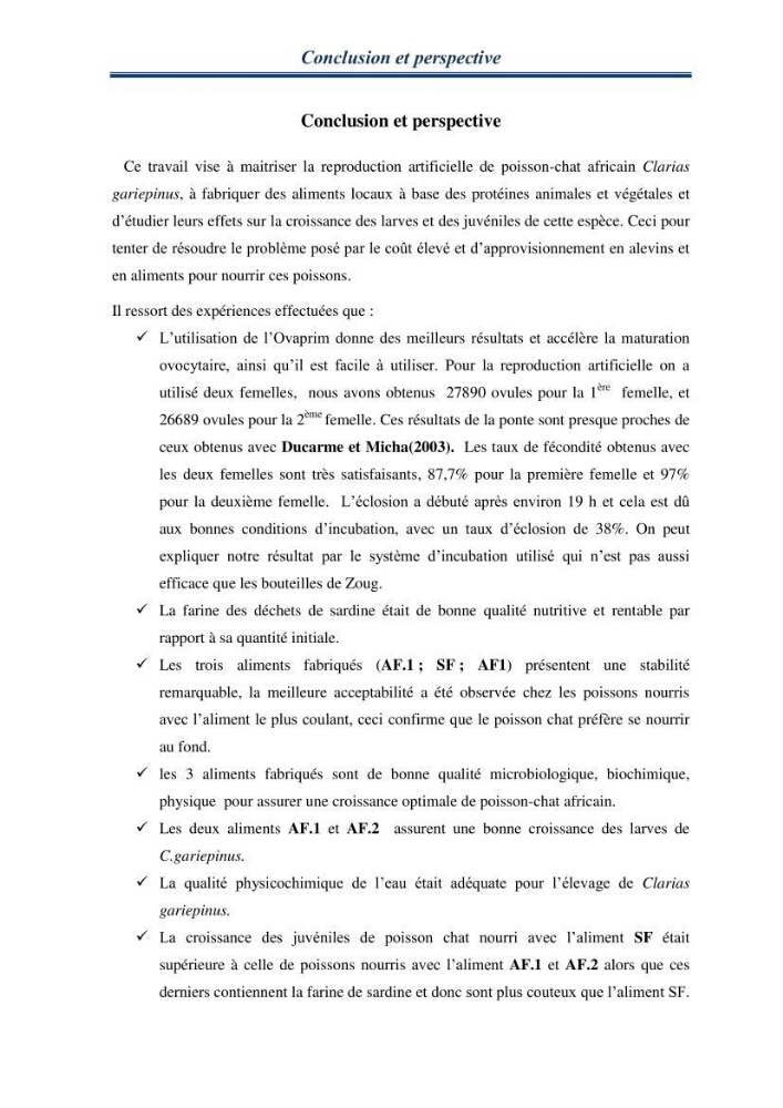 Maitrise de la reproduction artificielle et étude comparative de la croissance du poisson-chat africain Clarias gariepinus (Bruchell,1822 ) selon trois formules d\'aliments