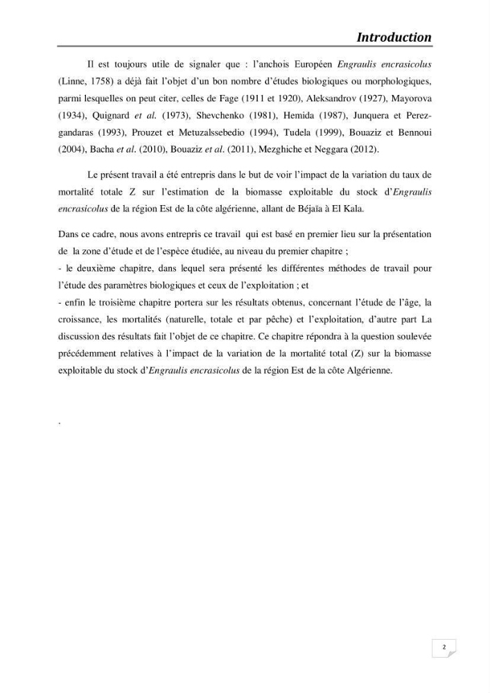 Impact de la variation du taux de mortalité Z sur l\'estimation de la biomasse exploitable de l\'Anchois Engraulis encrasicolus (LINNE, 1758) de la région Est de la côte Algérienne.