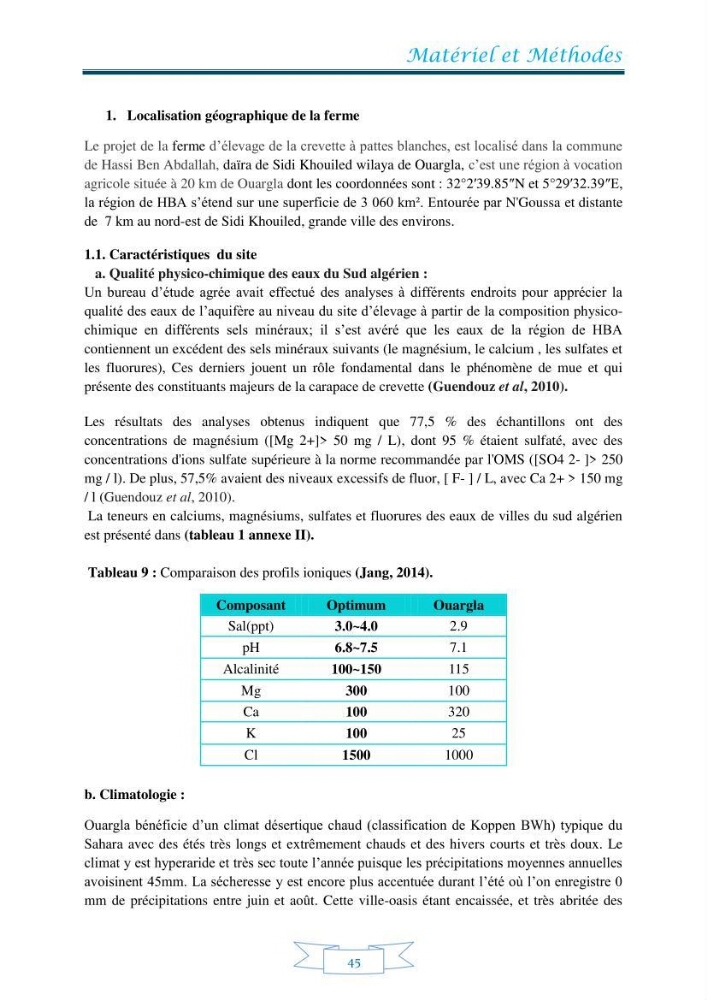 Contribution à la maîtrise des procédés d\'élevage de la crevette à pattes blanches Litopénaeus vannamel à basse salinité avec le système de biofloc dans la ferme pilote de crevetticulture de Hassi ben Abdallah (Ouargla):