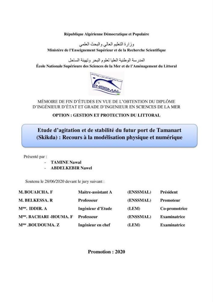 Etude d’agitation et de stabilité du futur port de Tamanart (Skikda): recours à la modélisation physique et numérique