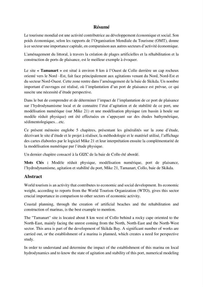 Etude d’agitation et de stabilité du futur port de Tamanart (Skikda): recours à la modélisation physique et numérique