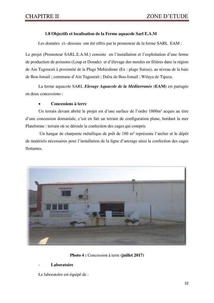 Caractérisation environnementale de la ferme d\'élevage de Daurade Sarl EAM : Ain tagourait Bouismail Tipaza